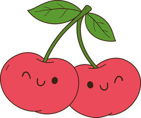Cute cherries with smiling faces and green leaves create cheerful and playful atmosphere
