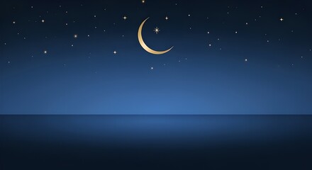 Fototapeta premium Celestial crescent moon illuminating a starry night sky above a calm body of water creating a serene and tranquil atmosphere