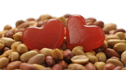 Obraz premium Two red heart shaped candies on a pile of beans isolated on white background for valentines day