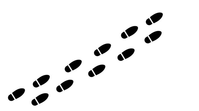 Six black footprints with white outlines are displayed on a clean white background, forming a diagonal line from the lower left to the upper right, indicating a sequence of steps or a walking path