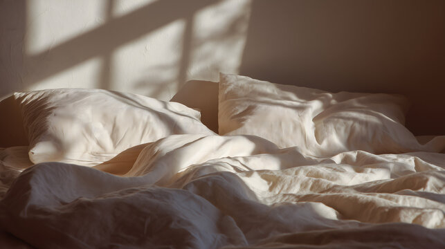 Close-up of messy but aesthetic white linen bed sheets with soft morning shadows from a window.