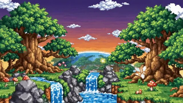 Pixel art landscape with waterfall and trees at sunset.