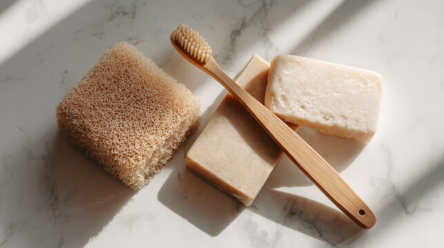 Top view of a bamboo toothbrush, natural luffa sponge, and organic bar soaps on a marble surface.