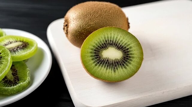 This visually appealing close-up captures the delightful contrast between fresh and processed kiwi fruit. A whole, fuzzy kiwi sits alongside a perfectly sliced half, showcasing its vibrant green flesh
