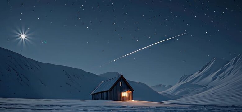 Lonely Scandinavian Cabin Beneath Rotating Polar Star Trails Winter Night.