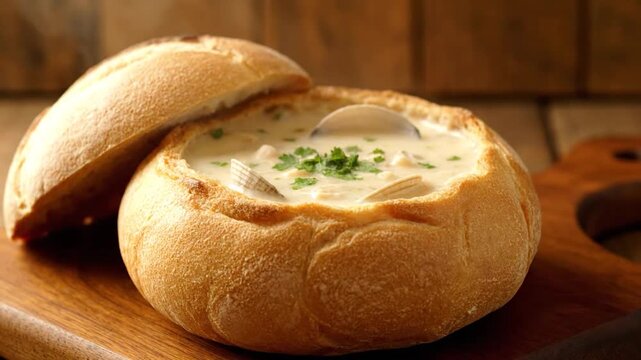 Creamy clam chowder served in a bread bowl, with a wooden board background