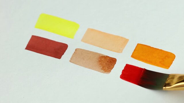 Painting watercolor samples on paper sheet, closeup
