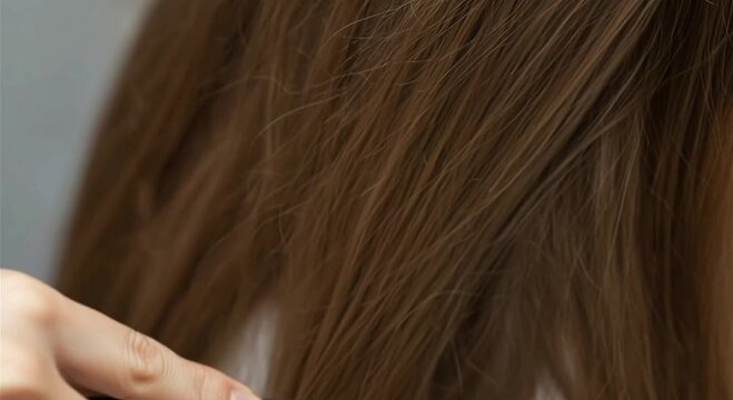 Close up of woman combing her long brown hair
​Hand using black comb for daily hair care routine