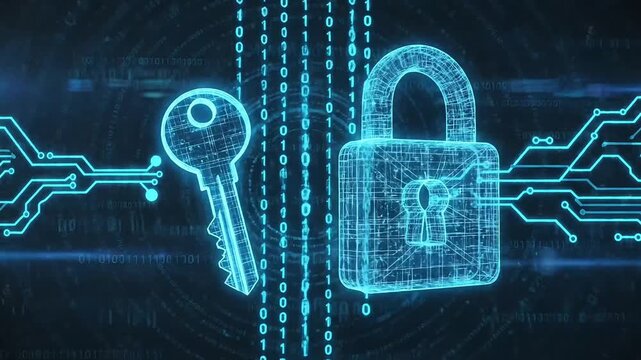 Digital security concept with glowing blue wireframe padlock and key against a backdrop of binary code and circuit board patterns representing data protection and encryption