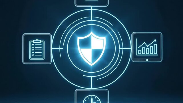 Digital security shield with checklist graph clock and alert representing data protection and risk management in technology and business concepts