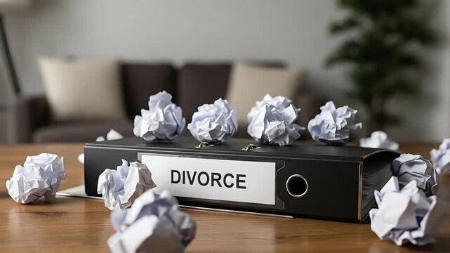 Divorce legal documents binder with crumpled paper balls on wooden desk symbolizing legal separation and relationship breakdown
