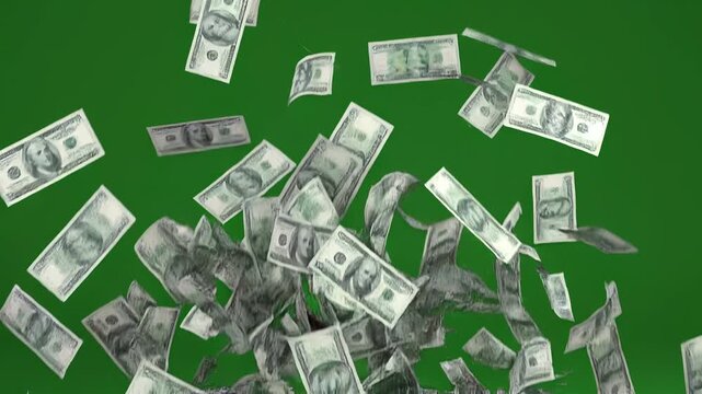 Falling us dollar bills over green background animated.