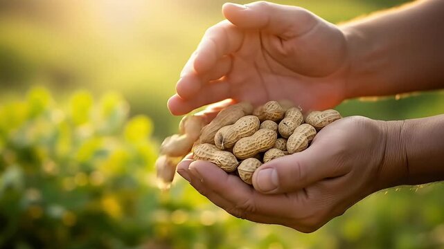Farmer hands holding fresh unshelled peanuts harvest sunlight agriculture organic food healthy snack natural growth farm field background