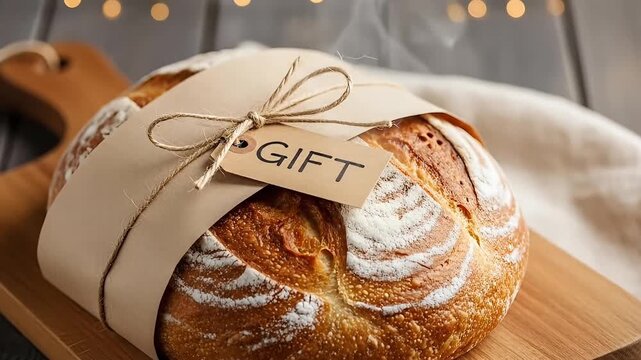 Freshly baked artisan sourdough bread gift wrapped with twine and a gift tag emitting steam on a wooden board warm cozy atmosphere