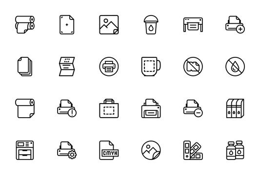 Print_5327 icon set. Vector illustration of printing and packaging items. Includes printer, ink, paper, sticker, bag, mug, toner, CMYK palette and more. Editable stroke.
