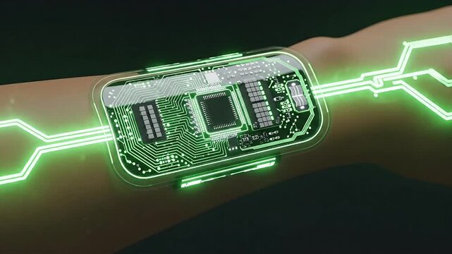 Futuristic biochip implant glowing green on human skin with intricate circuitry and data transfer wires connecting to the body representing advanced medical technology and