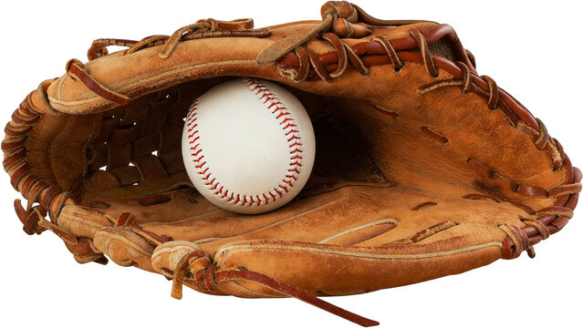 Leather baseball glove holding a white baseball, representing sports equipment for baseball or softball games, essential for catching and playing the sport.