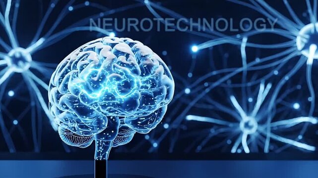 Futuristic glowing blue brain with neural network connections and neurotechnology text overlay representing advanced science and artificial intelligence concepts