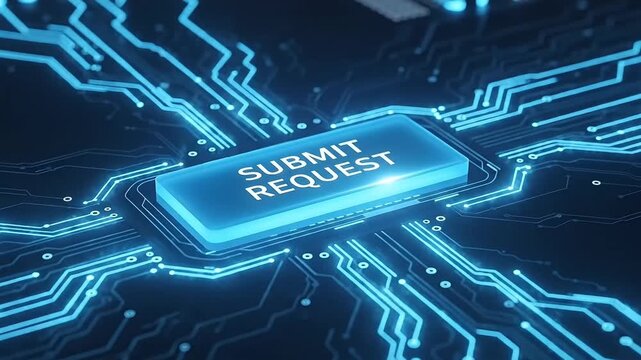 Glowing blue circuit board with illuminated submit request button central to technology and data processing concepts