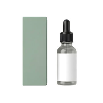 Clear glass dropper bottle with blank label mockup beside a sage green rectangular product box on transparent background