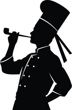 Vintage Silhouette of a Professional Chef in Traditional Toque Hat Smoking a Tobacco Pipe Isolated on White Background for Restaurant Logo and Culinary Branding