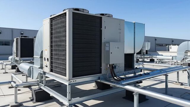 HVAC rooftop unit industrial air conditioning system outdoor condenser fan ductwork piping infrastructure building exterior mechanical equipment