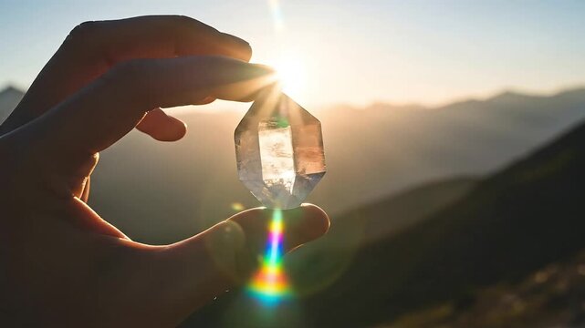 Hand holding clear quartz crystal at sunset with mountain landscape background warm golden light illuminating facets spiritual healing meditation mindfulness concept