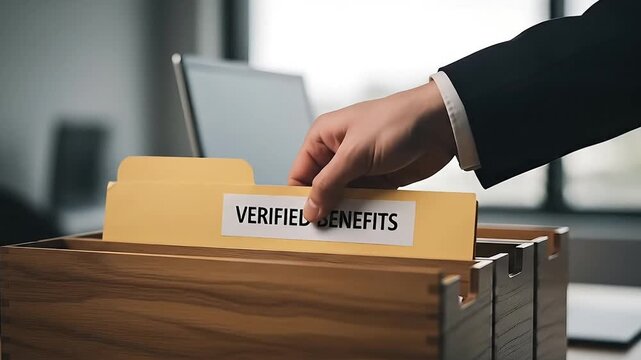 Hand selects verified benefits folder from office filing cabinet for employee compensation and HR documentation