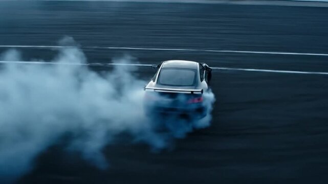 Dark car drifting on a racetrack, tires smoking, and leaving a trail of smoke