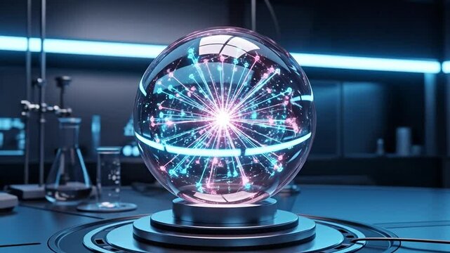 Futuristic Energy Sphere in a Laboratory: A luminous energy sphere pulsates with intricate, glowing pathways, radiating light in a futuristic laboratory setting.