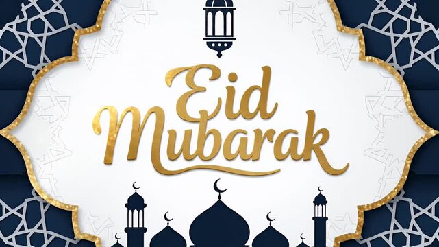 Elegant Eid Mubarak greeting card with mosque silhouette and lantern