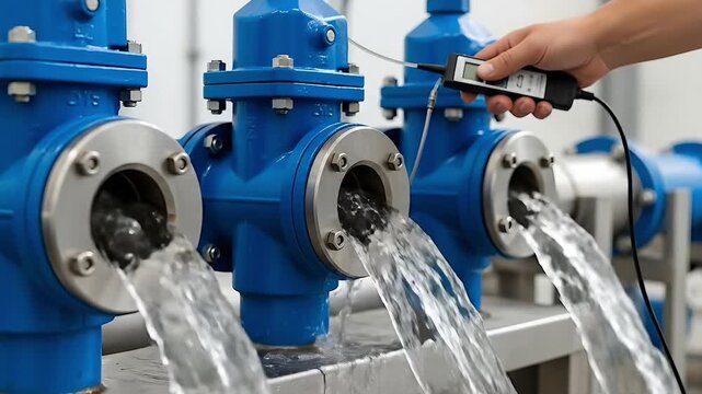 Industrial water flow measurement technician checking pump system performance with digital meter monitoring liquid pressure and volume in manufacturing facility