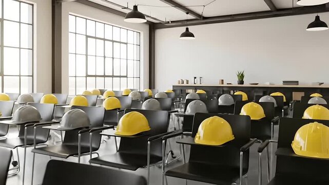 Industrial Training Classroom Ready for Safety Meeting with Rows of Hard Hats on Chairs Bright Natural Light