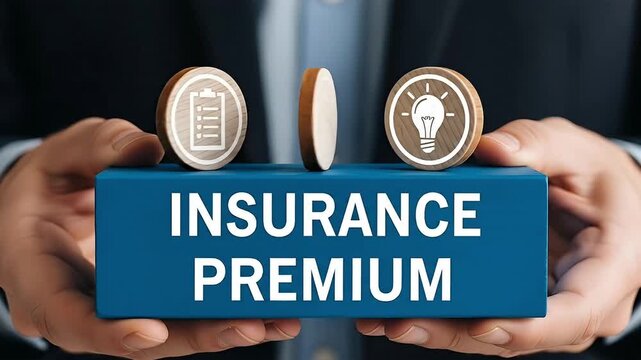 Insurance Concept Businessman Holding Blue Block with Text and Wooden Discs Floating Above Symbolizing Risk Management Financial Security and Policy Payments