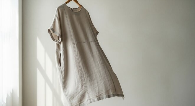 Neutral-toned, textured linen dress with short sleeves, pockets, and a relaxed a-line silhouette, elegantly dd on a wooden hanger against a soft, light-filled wall.
