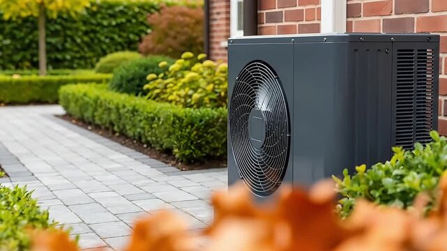 Modern heat pump unit installed outside brick house with manicured garden and autumn leaves foreground