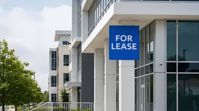 Modern Office Building For Lease Sign Exterior View Contemporary Architecture Real Estate Opportunity