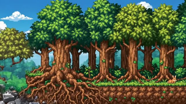 Row of trees with exposed roots in a digital landscape.