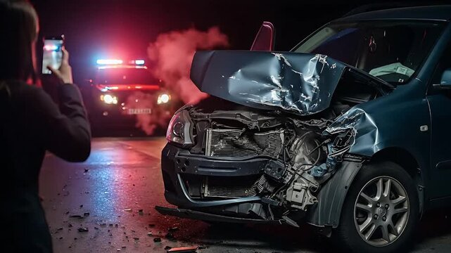 Nighttime car crash scene with damaged vehicle police lights flashing and person using phone