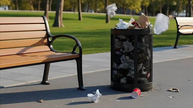 Overfilled park trash can overflowing with litter next to empty wooden bench on sunny day with green grass and trees background