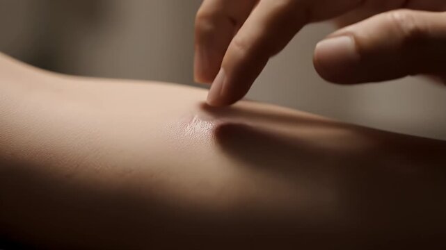 Close-Up of Finger Gently Pressing Bare Arm Skin in Studio with Neutral Background for Health and Wellness Promotion
