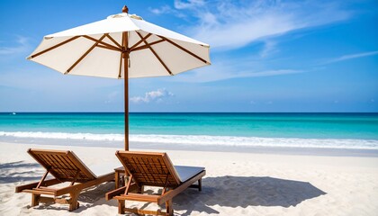 パラソル デッキチェア 砂浜 避暑 バカンス 貸切 休息 陽光 潮風 楽園 平穏 左右対称 境界 旅情 癒し 最小限 浮遊 紺碧 砂紋 永遠