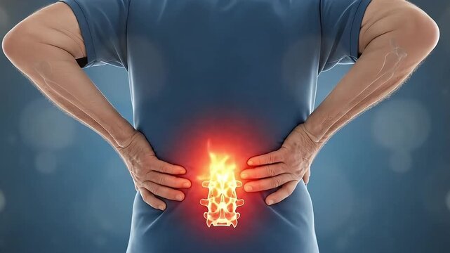 Senior man experiencing lower back pain with glowing lumbar spine inflammation and skeletal overlay illustrating discomfort and medical condition