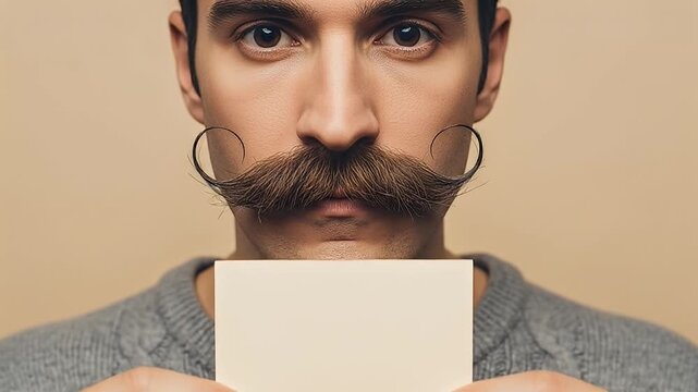 Man with large mustache holds blank card for text.