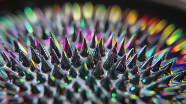 Macro view of black ferrofluid spikes moving under magnetic field with colorful iridescent neon lighting reflections