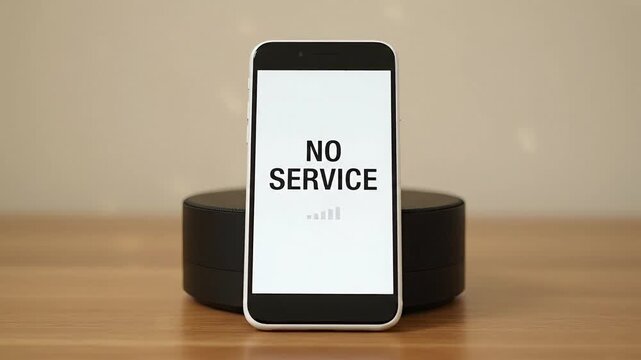 Smartphone displaying no service signal and text on screen resting on a black device with soft background lighting