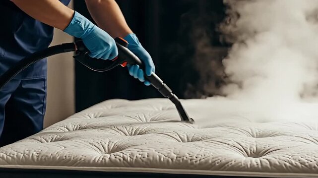 Steam cleaning of a white tufted mattress with blue gloved hands and cleaning equipment releasing steam for deep sanitization and hygiene