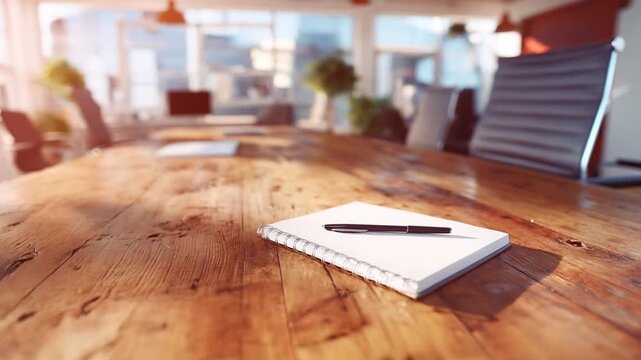 Modern boardroom with notebook and pen on wooden table in daylight