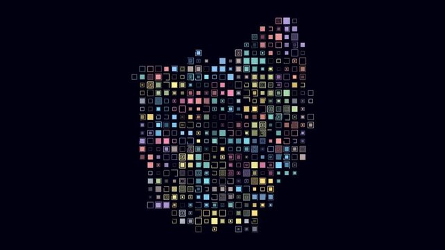 Ohio animated shape. Pulsating colored dots on the map of the state. Large size square blocks. Digital style Ohio map on dark background. Stylish animation video.