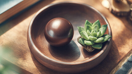 Wooden bowl succulent brown sphere natural light close up minimalist indoor decorative modern peaceful calm home decor green smooth round tabletop sunlight fresh plant zen relaxation